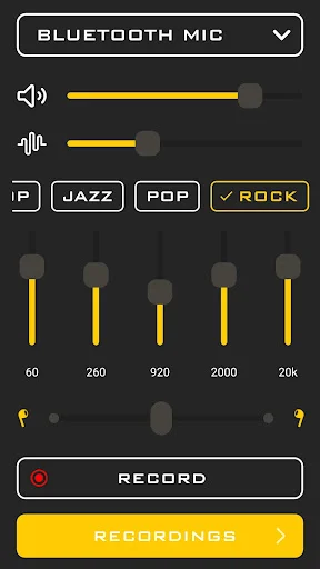 Hearing app with Bluetooth mic, Rock music setting, yellow volume controls, audio equalizer, and recording feature for better sound clarity