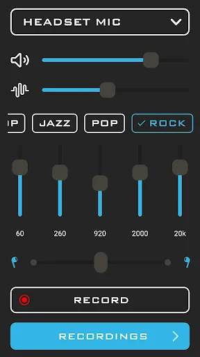 Headset mic mode in Spy Ear app showing Rock preset, blue audio controls, frequency equalizer, and recording function for enhanced hearing