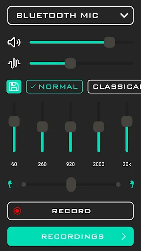Bluetooth mic interface with Normal audio mode, green controls, 5-band equalizer settings, and record button for amplifying conversations