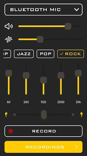 Spy Ear hearing aid app showing Rock music mode, yellow interface, volume controls, audio equalizer, and recording feature for distant sounds