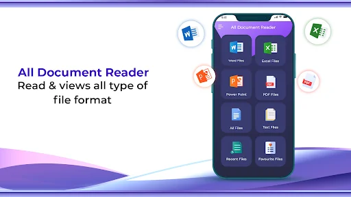 All Document Reader app supporting multiple file formats: Word, Excel, PowerPoint, PDF file viewing and management