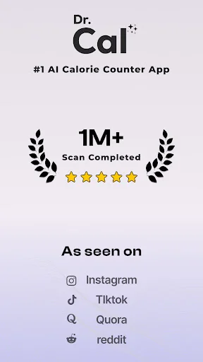 Dr Cal AI Calorie Tracker app launch screen showing #1 AI calorie counter with 1M+ scans completed and 5-star rating