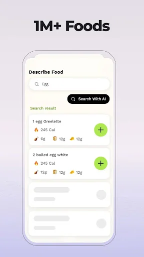 Dr Cal food database search showing 1M+ foods - egg omelette and boiled egg white results with calorie details