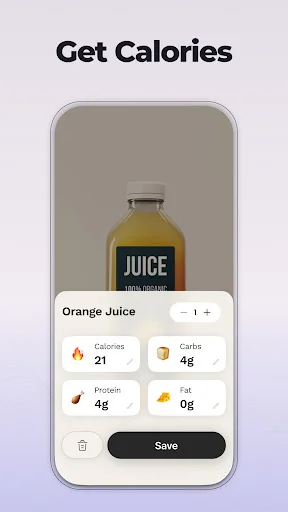 Dr Cal calorie results screen showing orange juice nutrition facts: 21 calories, 4g carbs, 4g protein, 0g fat with save