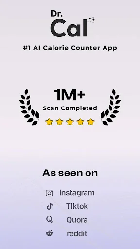 Dr Cal AI Calorie Tracker app launch screen showing #1 AI calorie counter with 1M+ scans completed and 5-star rating