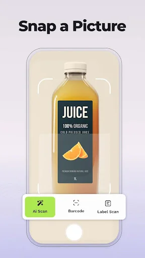 Dr Cal app photo capture feature for calorie tracking - snap picture of orange juice bottle with AI scan options