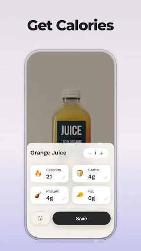 Dr Cal calorie results screen showing orange juice nutrition facts: 21 calories, 4g carbs, 4g protein, 0g fat with save
