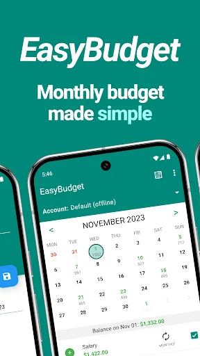 EasyBudget app main screen showing November 2023 calendar view with monthly budget tracking and balance of $1,432.00