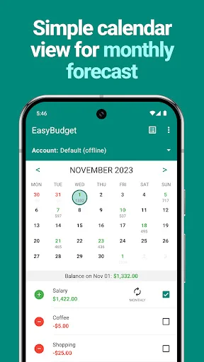 EasyBudget simple calendar view for monthly budget forecast with November 2023 expense and income visualization