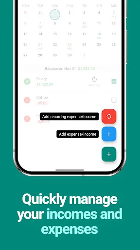 EasyBudget quick income and expense management interface with add transaction buttons and monthly calendar overview