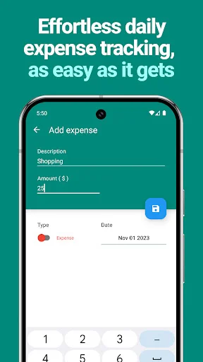 EasyBudget daily expense tracking screen showing effortless shopping entry with amount input and date selection