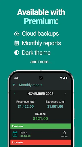 EasyBudget premium monthly reports feature displaying November 2023 financial summary with cloud backup and dark theme