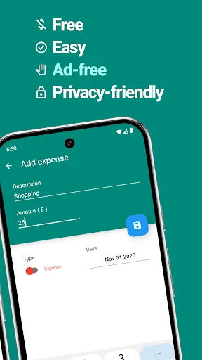 EasyBudget expense entry screen highlighting free, easy, ad-free, privacy-friendly budget app features with shopping entry