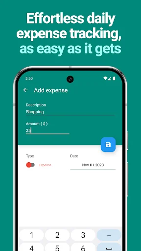 EasyBudget add expense screen for effortless daily expense tracking with shopping entry form and numeric keypad