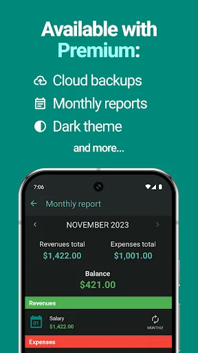 EasyBudget premium features screen showing monthly reports with November 2023 revenue and expense totals in dark theme