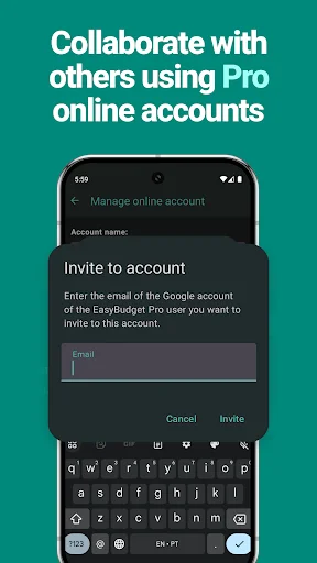 EasyBudget Pro collaboration feature showing online account invitation screen for shared budget management