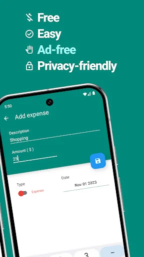EasyBudget free budget app expense tracking interface featuring ad-free, privacy-friendly financial management tools