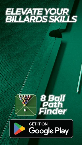 8 Ball Path Finder app download screen with billiards skills enhancement and pool table visualization guide