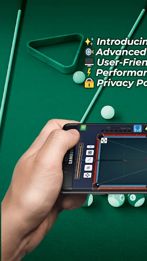 Advanced user-friendly pool app interface displayed during real-world billiards gameplay on felt table