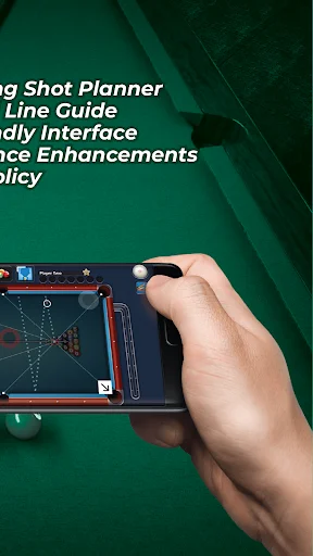 Pool shot planner showing line guide tool with aiming assistance for optimizing billiards shot strategy