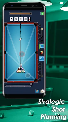 Smartphone app displaying strategic pool table overhead view with shot planning lines and ball position analysis