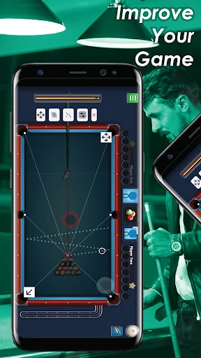Billiards game improvement tool showing shot trajectory guides and aiming assistance for 8 ball path optimization