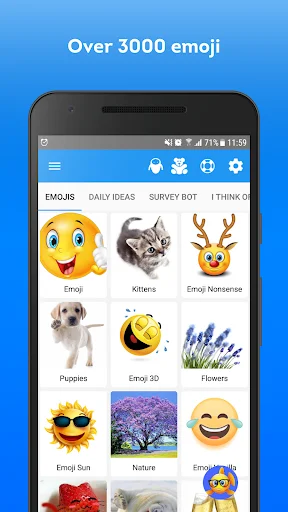 Elite Emoji app main screen showing over 3000 emoji categories including kittens, puppies, nature, and 3D emoji