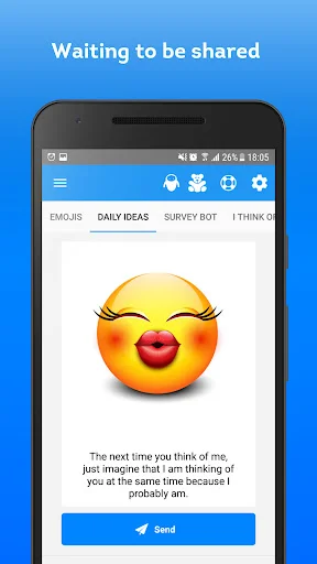 Elite Emojis app sharing interface with large kissing face emoji preview and personalized message ready to send via blue Send button