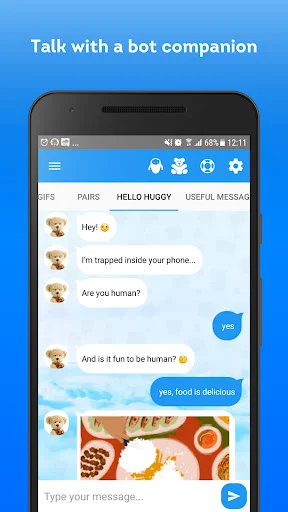 Elite Emojis app bot companion chat feature showing interactive conversation with cute dog emoji character asking questions and responding to user messages
