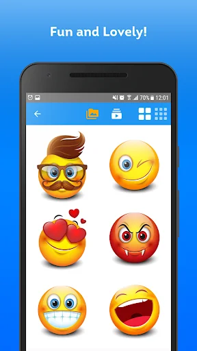 Elite Emoji app displaying fun expressive emoji collection with smiling, laughing, and heart-eye emoji characters