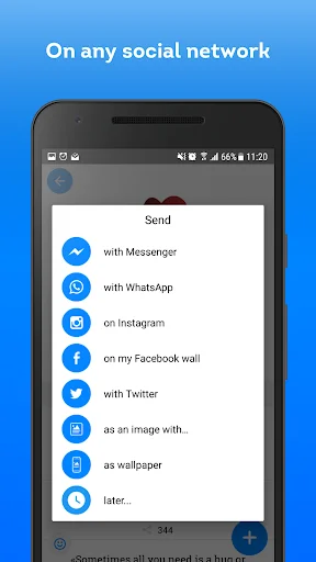 Elite Emoji social share menu showing options to send emoji via Messenger, WhatsApp, Instagram, Facebook, Twitter