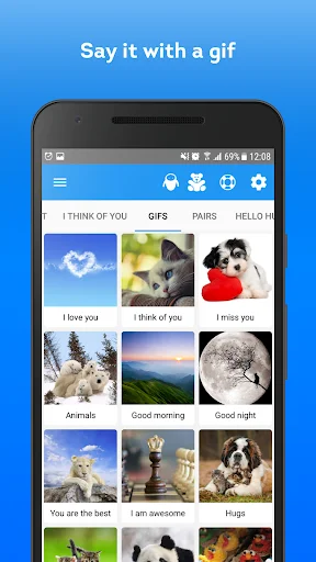 Elite Emoji GIF gallery with I Think of You, Pairs, and Hello Huggy categories showing animal and message GIFs
