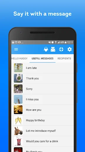 Elite Emoji useful messages list with pre-written texts like I am late, Thank you, Sorry, and Happy birthday
