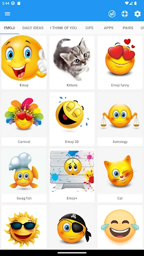 Elite Emoji home categories displaying emoji, kittens, carnival, 3D emoji, astrology, and other entertainment options