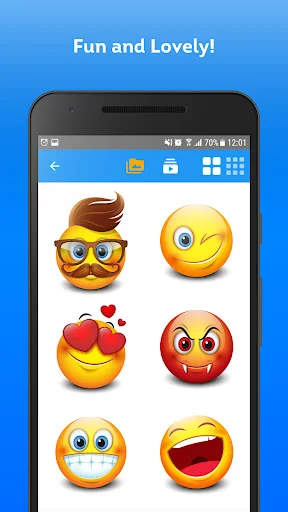 Elite Emojis app showing collection of fun and lovely emoji stickers with different expressions including smiling, kissing, hearts, and laughing faces for messaging