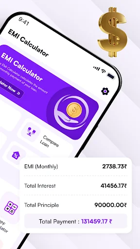 EMI Calculator mobile interface showing monthly EMI calculation results with principal amount, interest, and total payment breakdown details