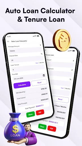 Auto Loan Calculator and Tenure Loan Calculator interfaces with loan calculation fields, calculator button, and green save or red cancel action buttons