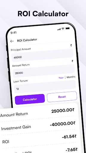 ROI Calculator showing principal amount, amount return, loan tenure input fields with calculator button displaying investment gain and ROI results