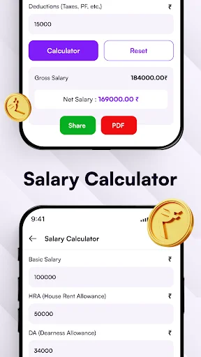 Salary Calculator interface showing gross salary and net salary calculations with basic salary, HRA, DA, deductions fields and PDF share options