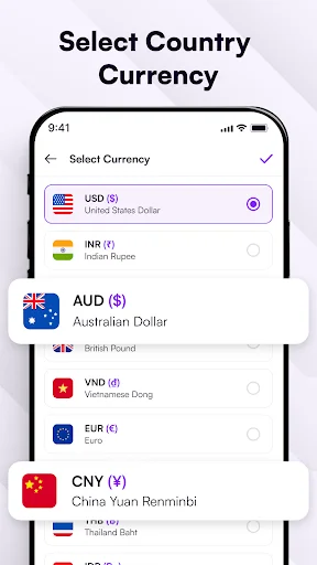 Select Country Currency screen displaying currency options list including USD, INR, AUD, GBP, VND, EUR, CNY, THB with radio button selection interface