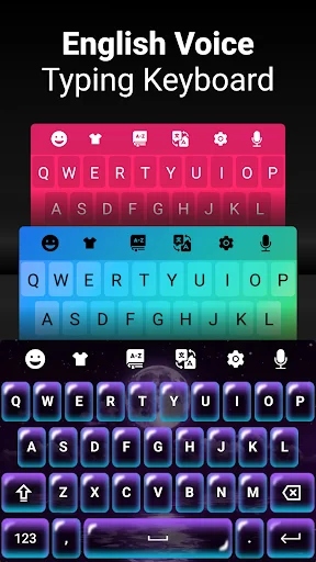 English Voice Typing Keyboard app showing colorful QWERTY keyboard themes with voice input and microphone icons