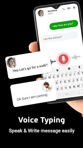Voice typing in messaging app showing conversation interface with microphone button for easy speech-to-text input