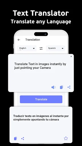 Text translator interface with English to Spanish translation feature and camera text recognition capabilities