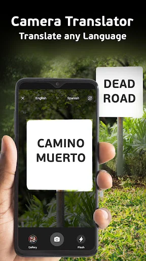 Camera translator in action translating Spanish 'CAMINO MUERTO' road sign to English 'DEAD ROAD' using live camera