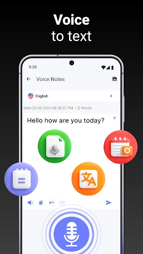Voice to text feature interface displaying smartphone with voice notes, microphone button, and text conversion tools