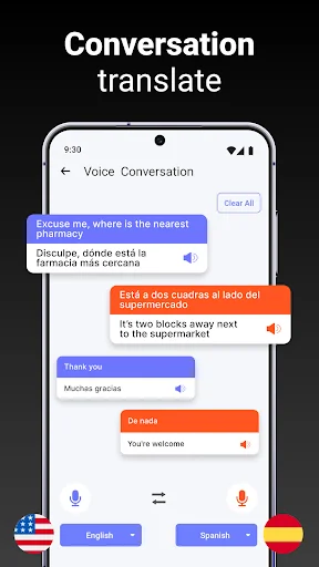 Conversation translate screen showing bilingual chat messages with English-Spanish translation and voice input options