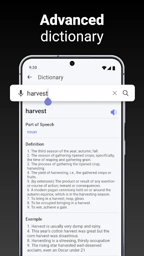 Advanced dictionary interface displaying word definitions, pronunciations, and examples for 'harvest' with audio playback