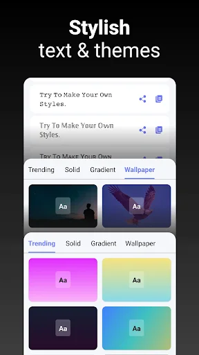 Stylish keyboard themes selection showing gradient, solid, and wallpaper customization options for text styling
