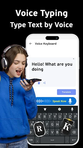 Voice typing demonstration with woman using headphones speaking into phone to convert speech to text on keyboard