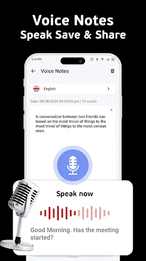 Voice notes feature showing speak, save and share functionality with microphone interface and recorded audio playback
